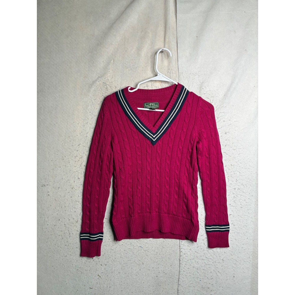 Lauren Ralph Lauren Active Pink Cable Knit V-Neck Varsity Stripe Sweater XL